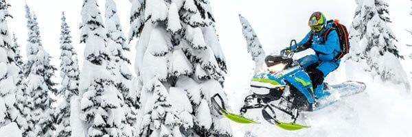 Summit snowmobile driving through trees